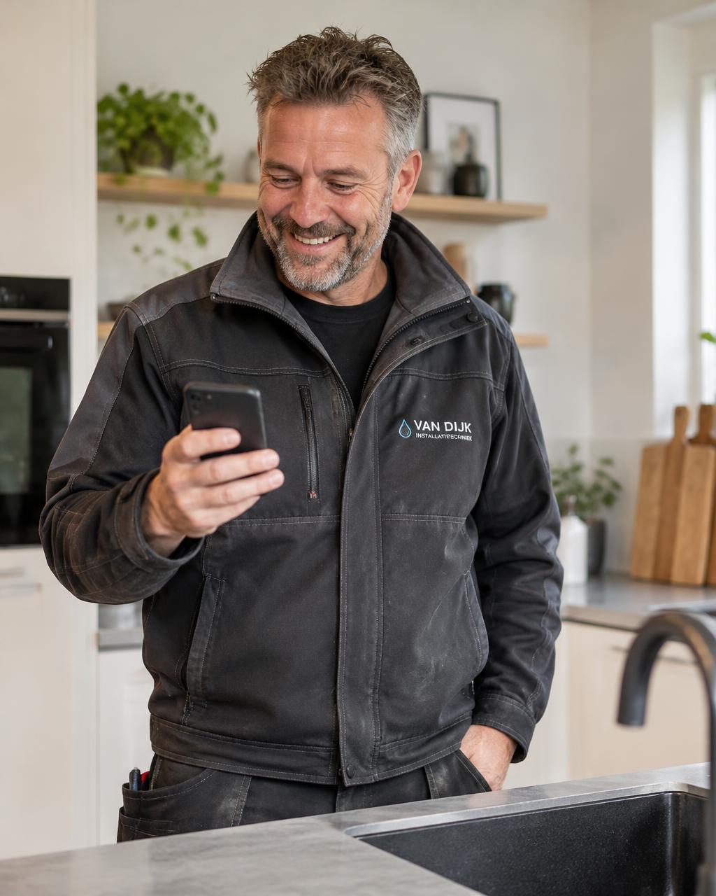 Vakman bekijkt een nieuwe aanvraag op zijn telefoon